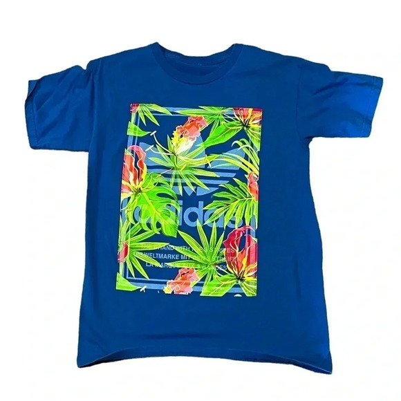 ❤️ 2/$11 Adidas Tropical Palm Tree Boys Blue Short Sleeve T-shirt size medium - Picture 1 of 4